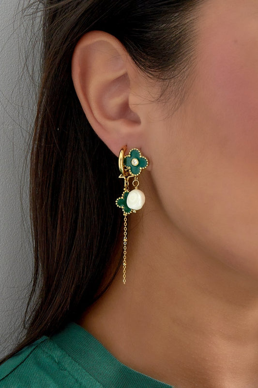 lucky pearl drops oorbellen met parel en groen