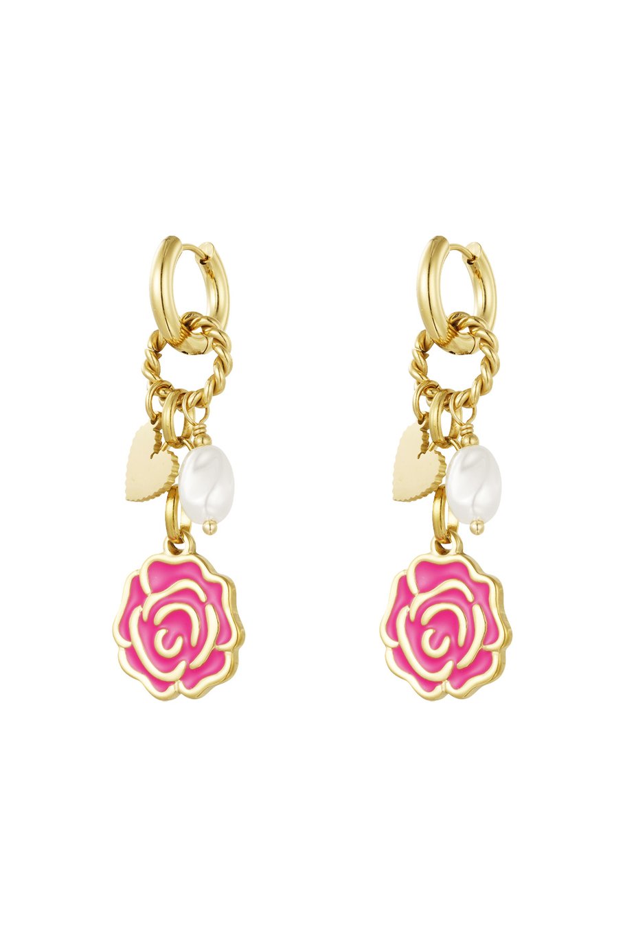 Gouden oorbellen met roze rozenhanger
