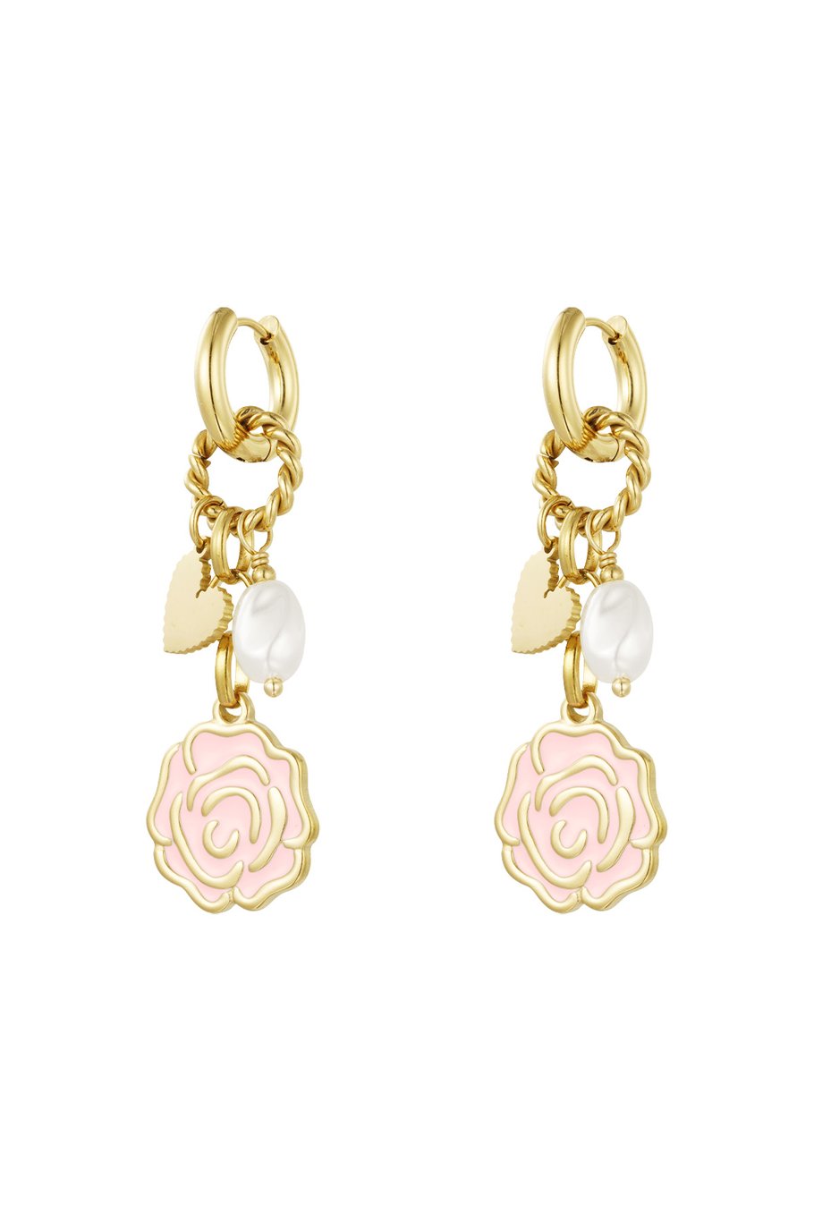Rosé Bloom charm oorbellen met hart en parel