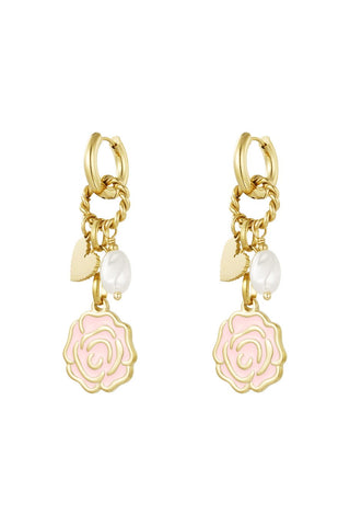 Rosé Bloom charm oorbellen met hart en parel