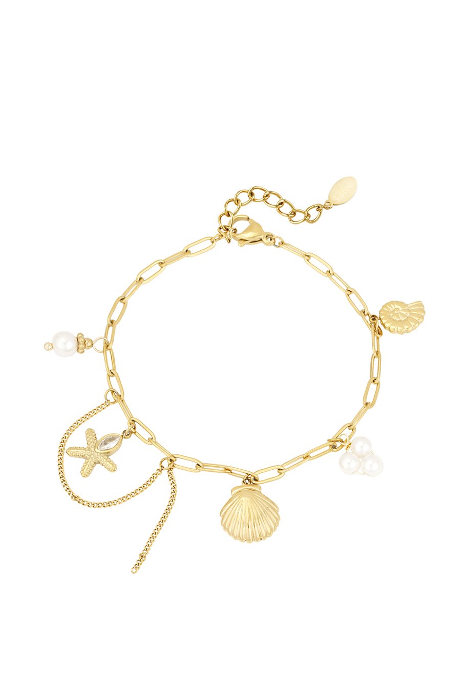 Gouden armband met parels en schelphangers
