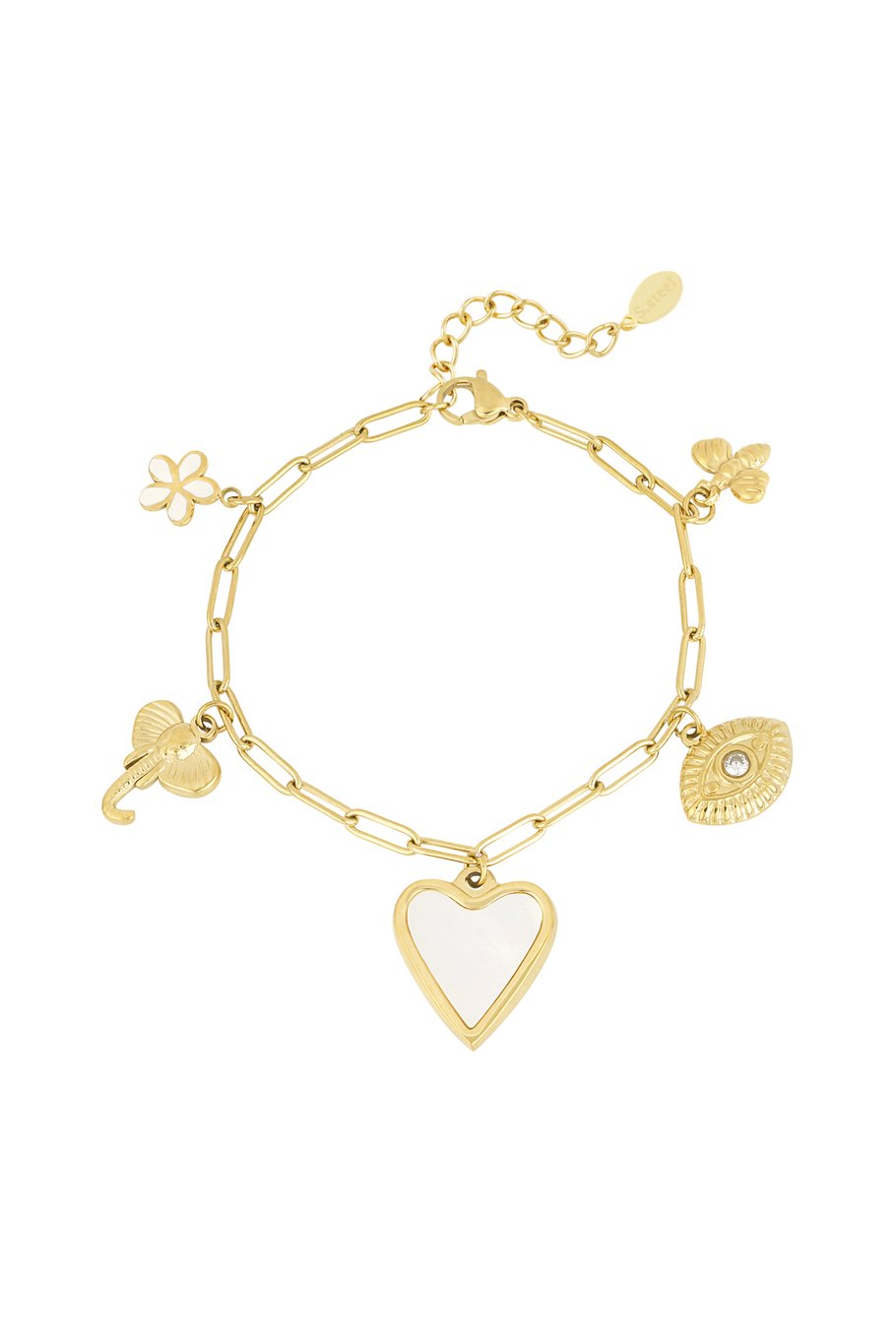 Stainless steel armband met hart, bloem en olifant