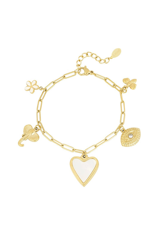 Stainless steel armband met hart, bloem en olifant