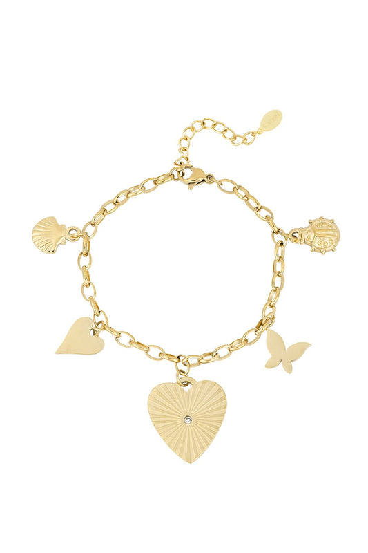 Trendy charm bracelet met hartje, schelpje en vlinder
