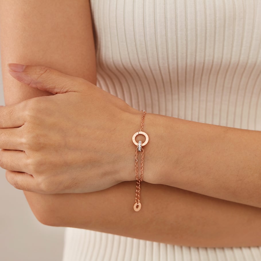 Rosé Roman armband met dubbele ketting en kristallen